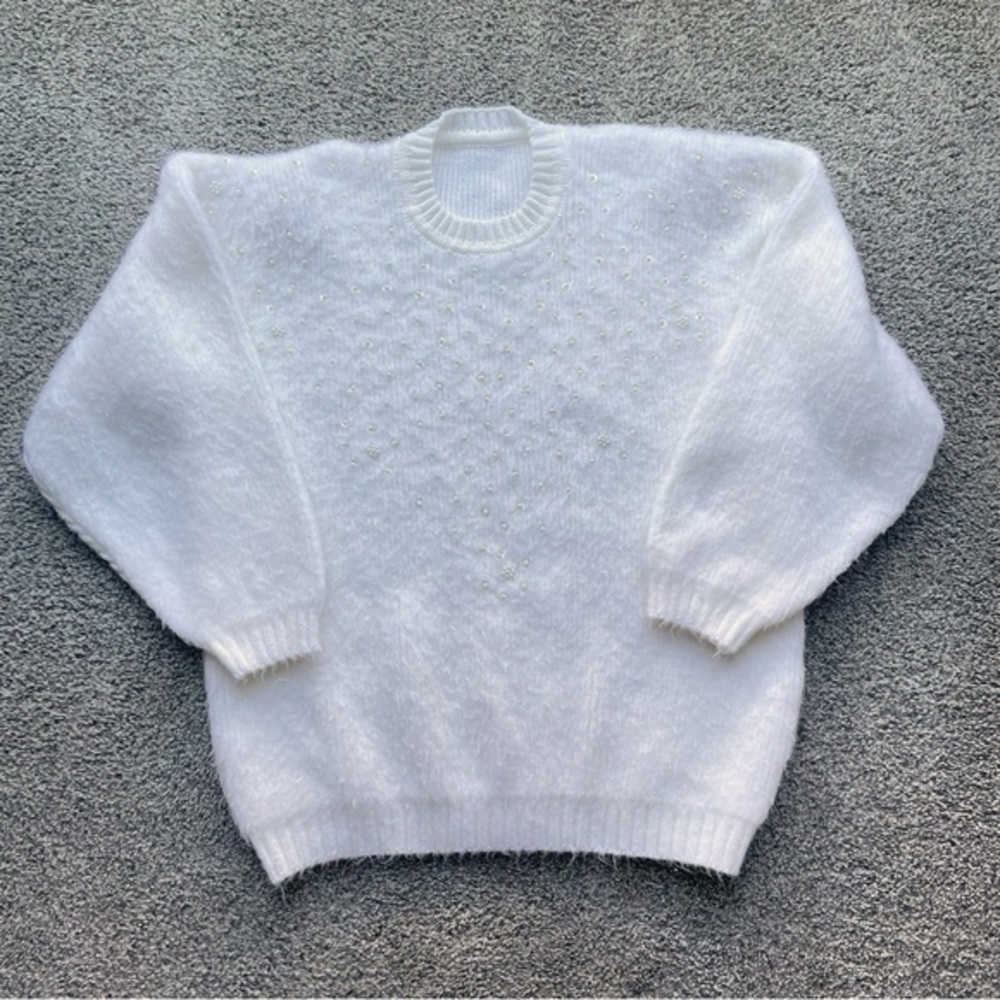 Handmade Knit Pearl Beaded Sweater Women’s Large Cream Soft Fuzzy Feminine Cozy